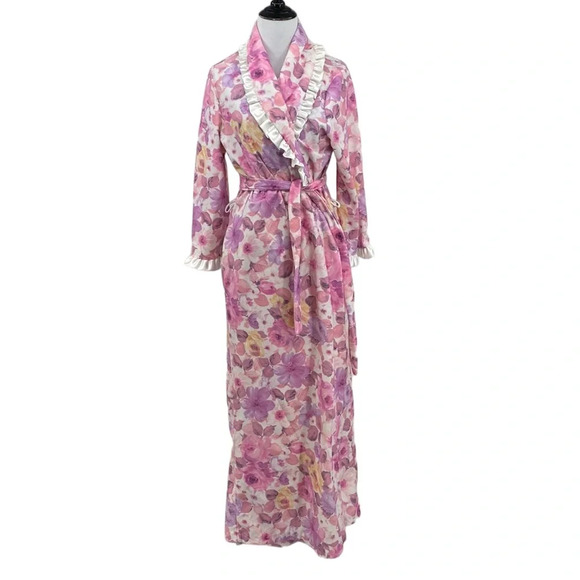 Vintage Loungees Robe Womens Sz Medium Pink Purple Floral 3/4 Sleeve Ruffle Trim - Picture 1 of 10